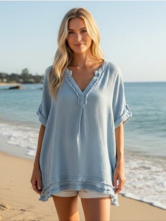 Umgee Tops - Umgee Light Denim Mineral Wash Gauze Cotton Lagenlook Tunic Boho Coastal NWT